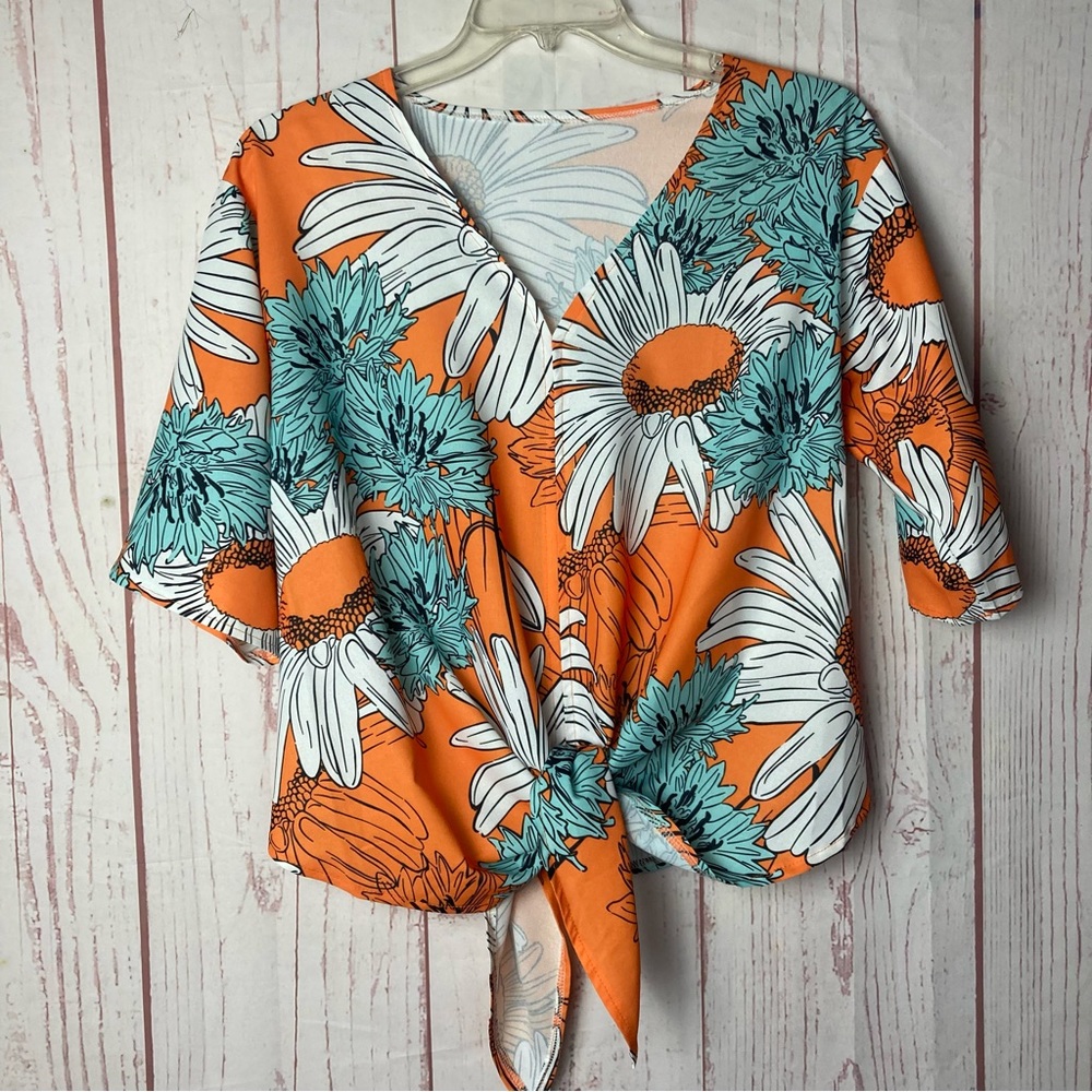 Unbranded Size Small S Bright Bold Orange Floral Daisy Print V Neck Tie Knot Top